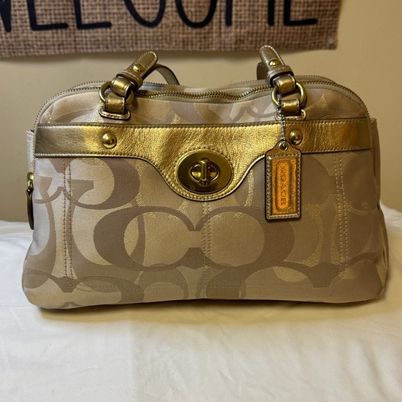 Coach Metallic Gold Signature Stripe Satchel F18475 - Picture 1 of 15
